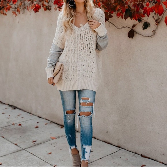 NWT Criss Cross Back Cable Knit Contrast Sweater - Picture 3 of 8